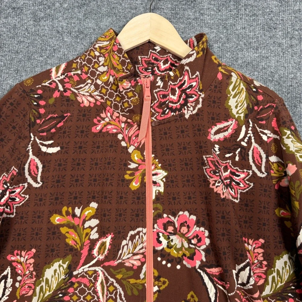 Sport Savvy Size 1X Jacket Brown Floral Printed Patchwork French Terry Full Zip